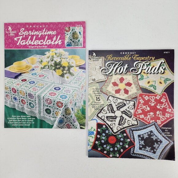 Lot 2 Annies Attic Crochet Pattern Booklet Tapestry Hot Pads & Spring Tablecloth - Picture 1 of 12